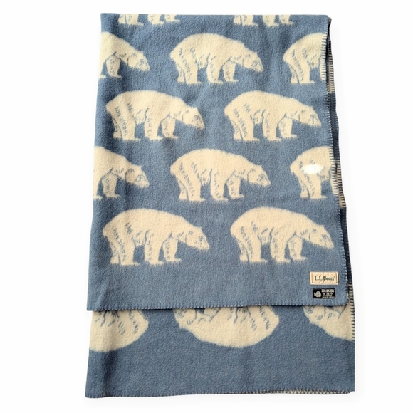 LL Bean 100% Pure New Wool Large Blanket Throw Blue White Polar Bear 52" / 75" - Picture 7 of 7